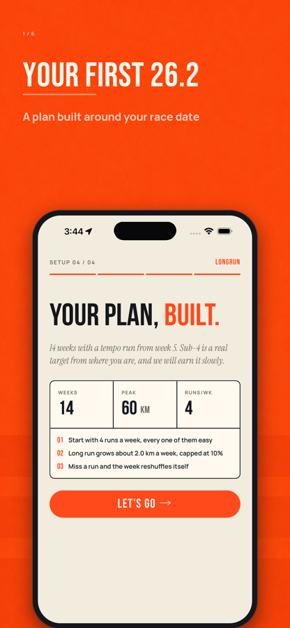 Longrun's plan summary screen: 14 weeks, a 60 km peak, four runs a week