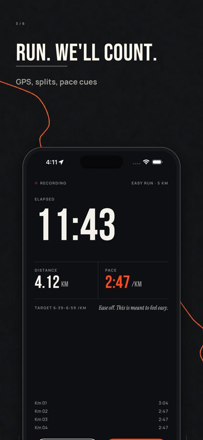 Live run screen with elapsed time, distance, pace and kilometre splits