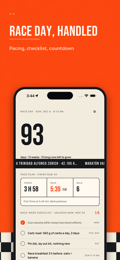 Race screen with a 93-day countdown, pace plan and race-week checklist